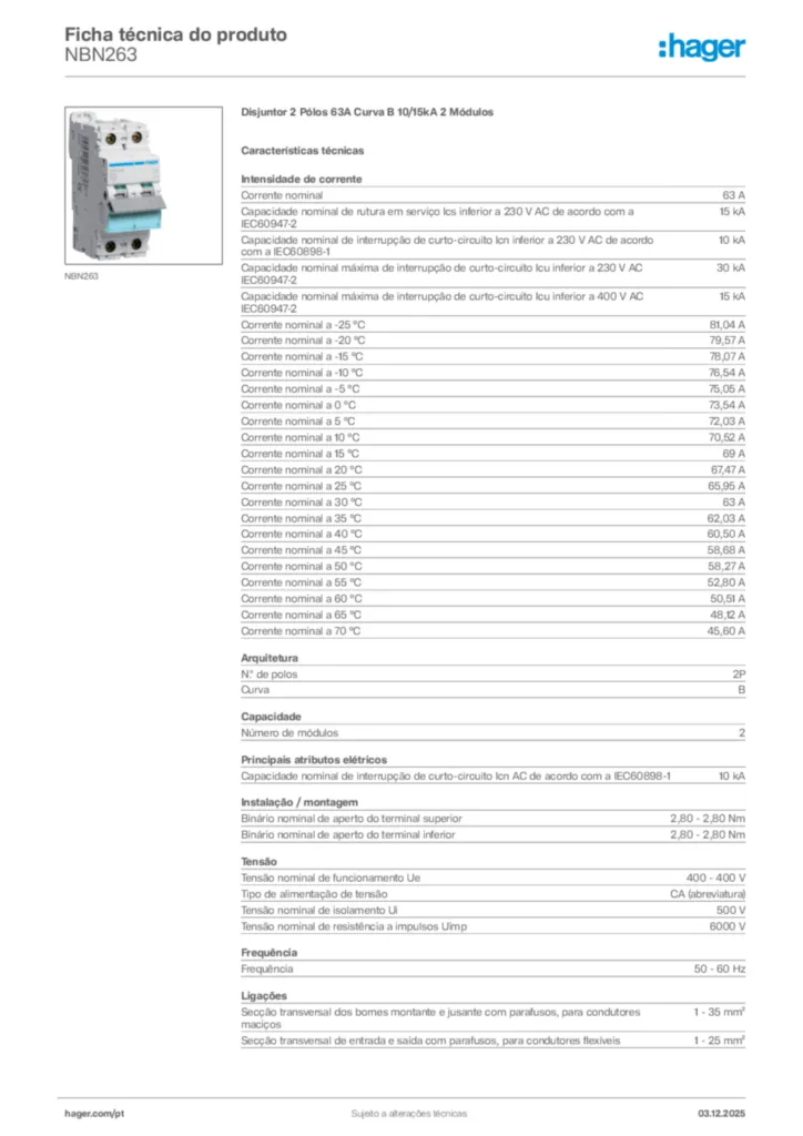 Imagem Hager Ficha técnica do produto NBN263 | Hager Portugal