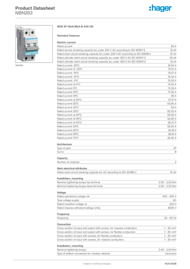 Image Hager Product data sheet NBN263  | Hager