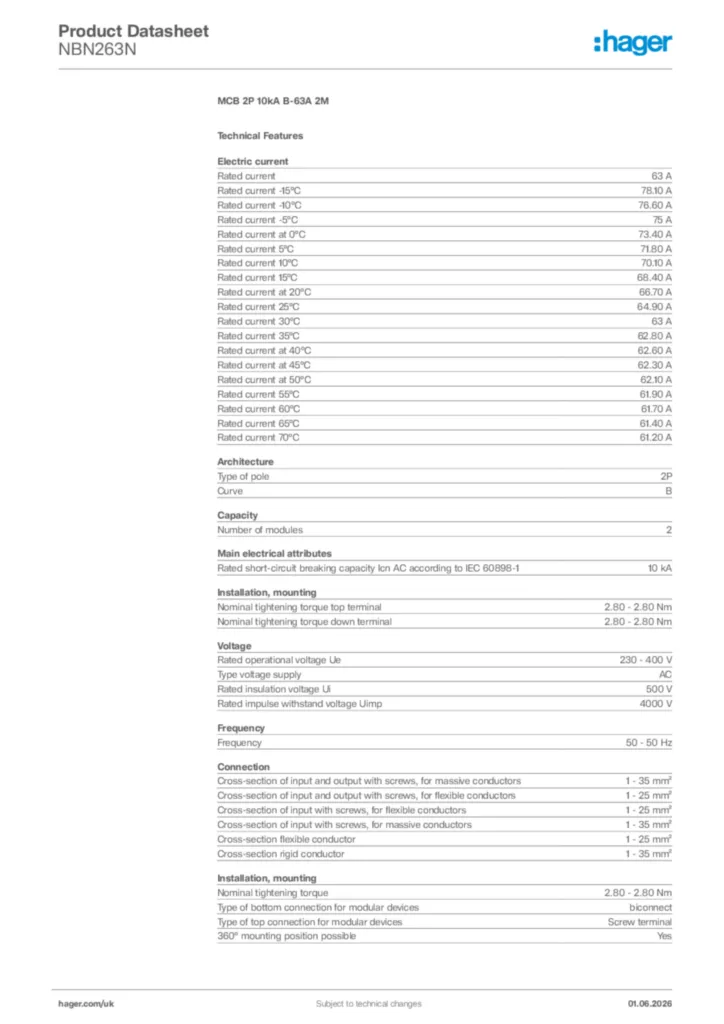 Image Hager Product data sheet NBN263N  | Hager