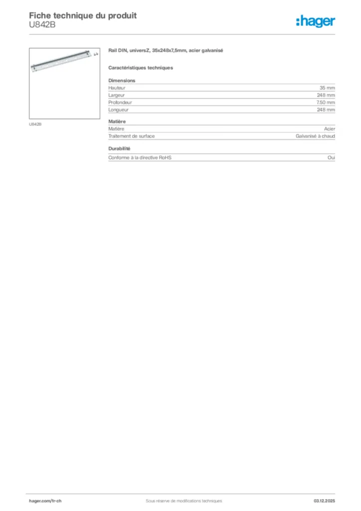 Image Hager Fiche technique du produit U842B | Hager Suisse