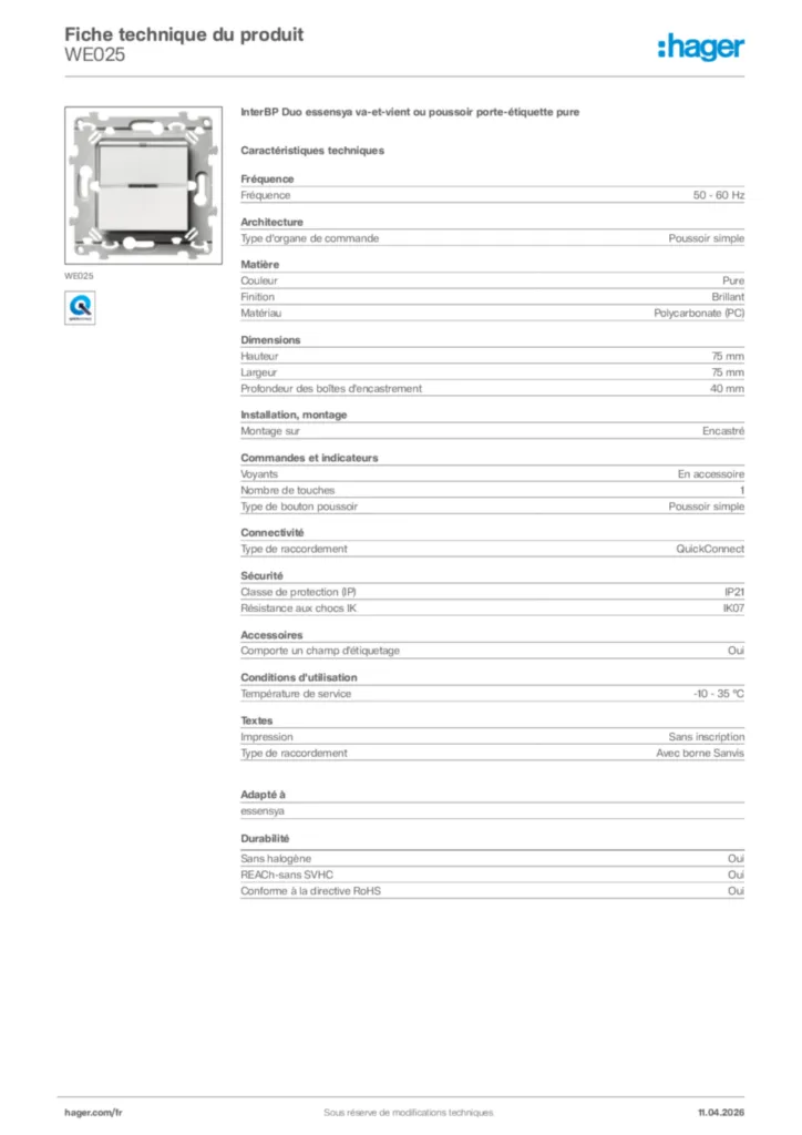 Image Hager Fiche technique du produit WE025 | Hager France