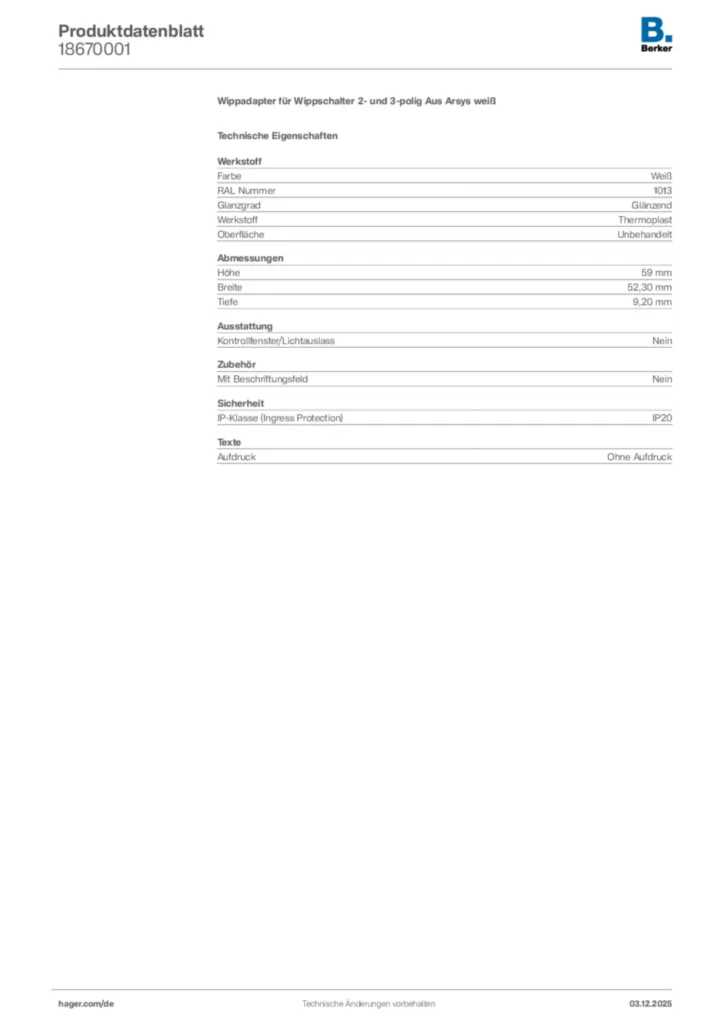 Bild Berker Produktdatenblatt 18670001 | Hager Deutschland