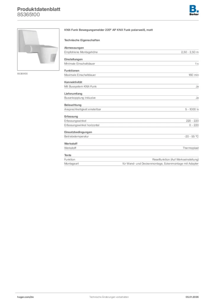 Bild Berker Produktdatenblatt 85365100 | Hager Deutschland
