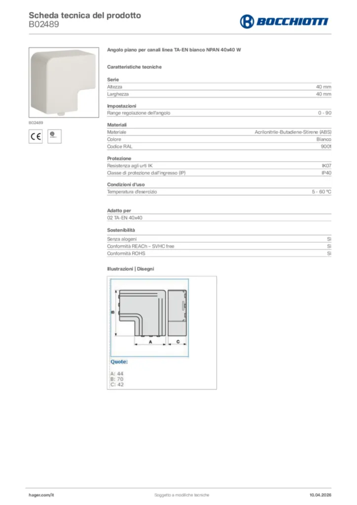 Immagine Bocchiotti Scheda tecnica del prodotto B02489 | Hager Italia