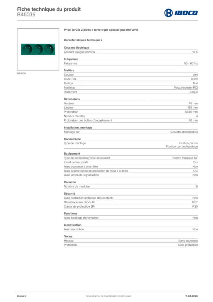 Image Iboco Fiche technique du produit B45036 | Hager France