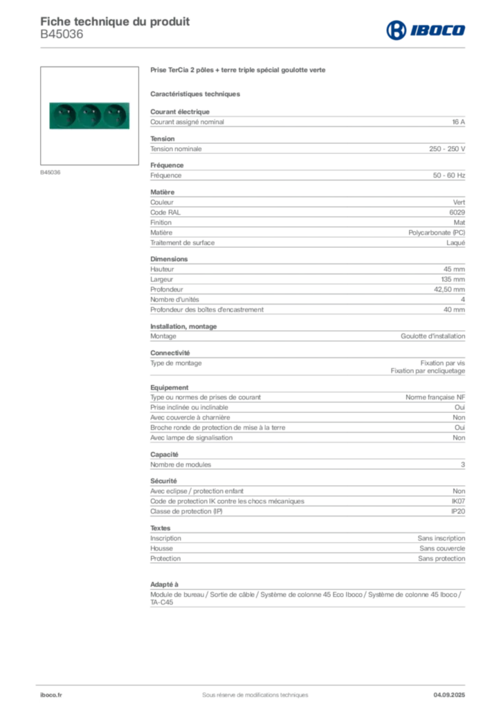 Image Iboco Fiche technique du produit B45036 | Hager France