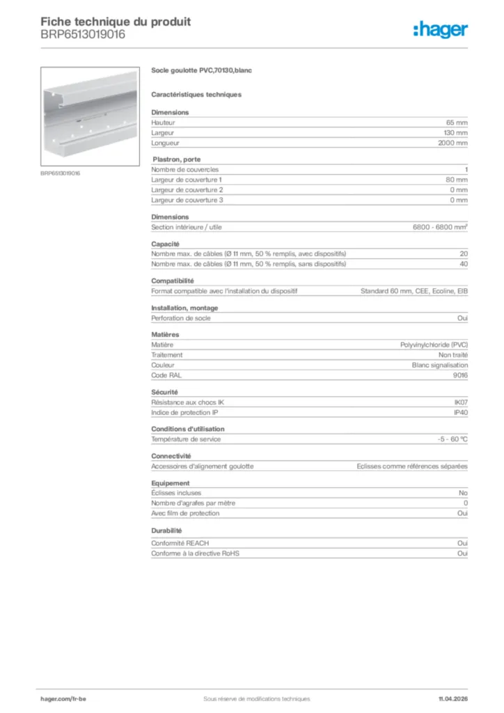 Image Hager Fiche technique du produit BRP6513019016 | Hager Belgique