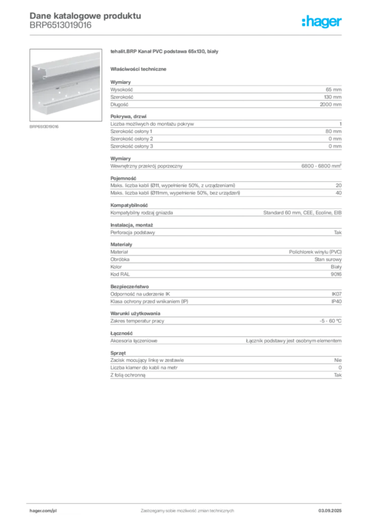 Zdjęcie Hager Dane katalogowe produktu BRP6513019016 | Hager Polska
