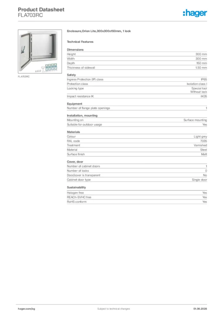 Image Hager Product data sheet FLA703RC  | Hager