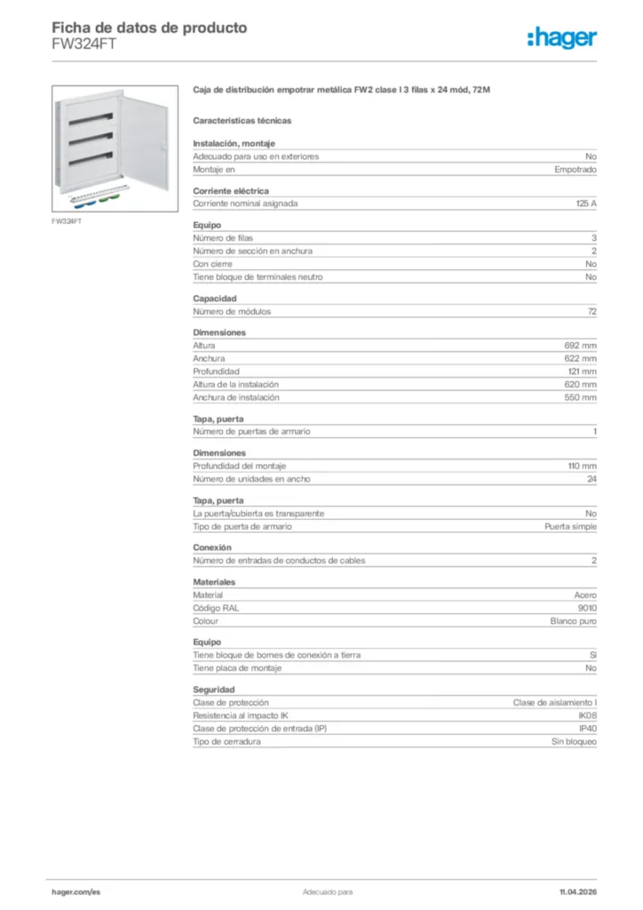 Imagen Hager Ficha de datos de producto FW324FT | Hager España