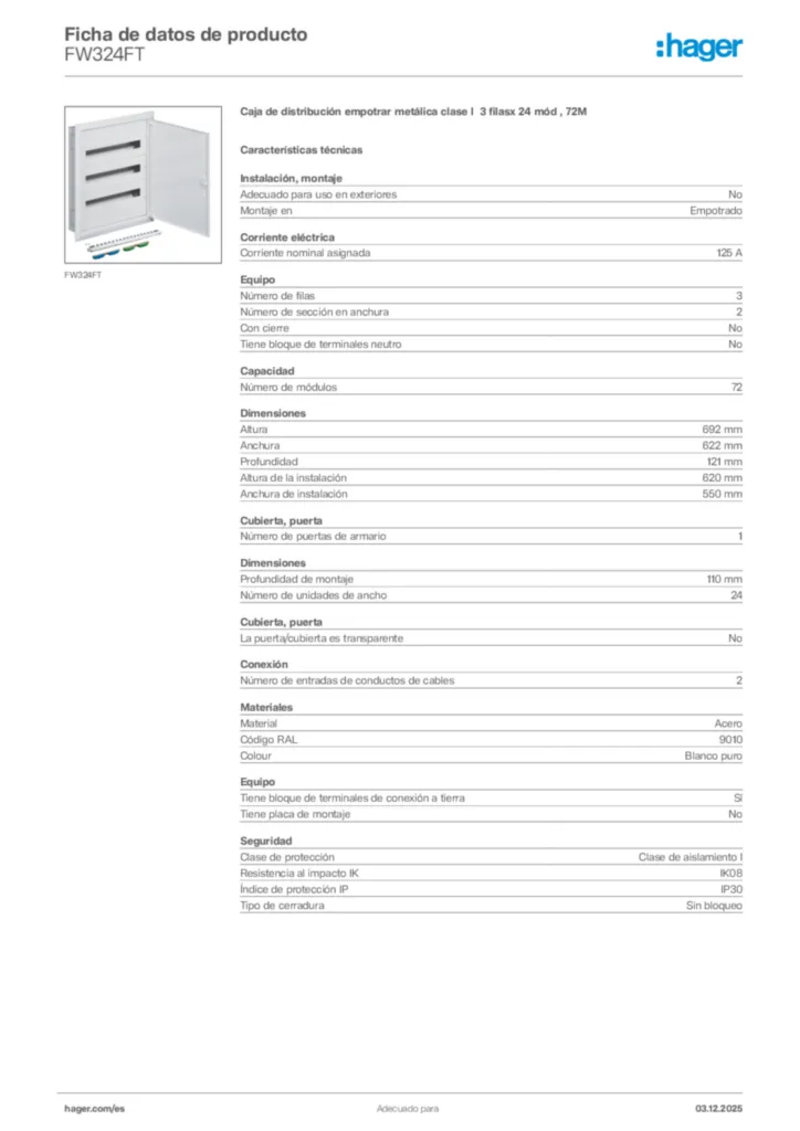 Imagen Hager Ficha de datos de producto FW324FT | Hager España