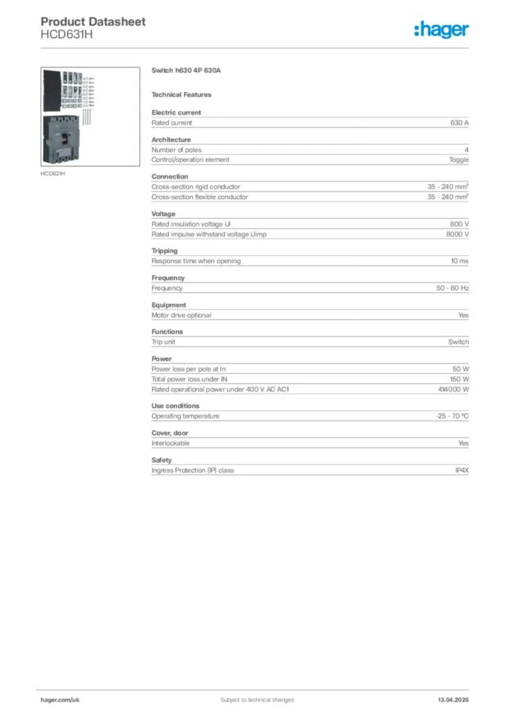 Image Hager Product data sheet HCD631H  | Hager
