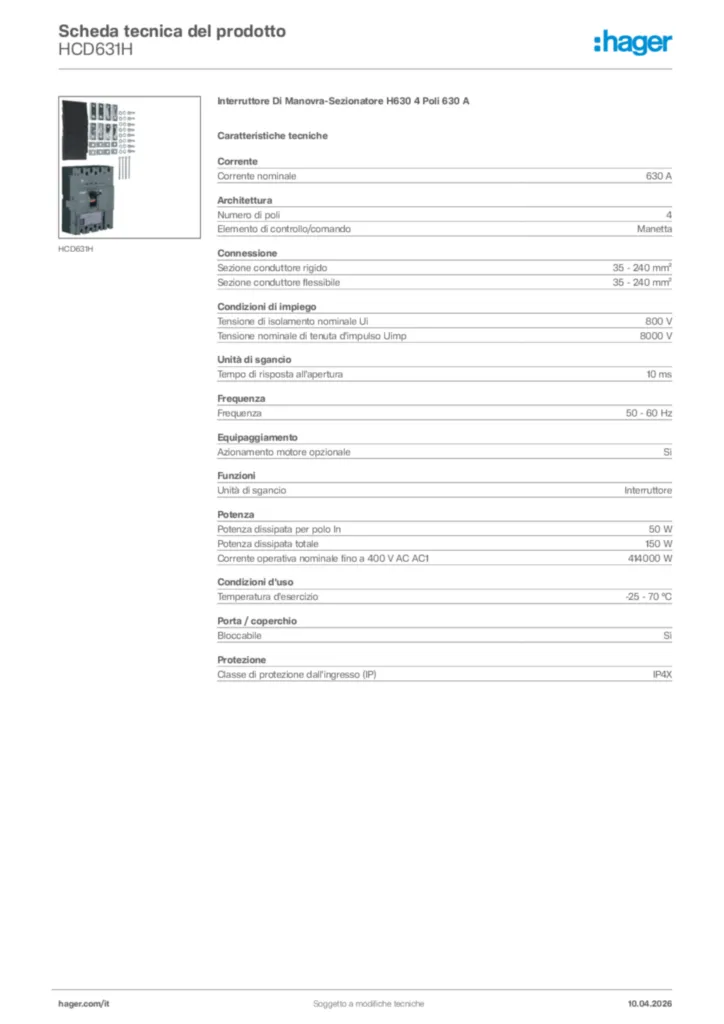 Immagine Hager Scheda tecnica del prodotto HCD631H | Hager Italia