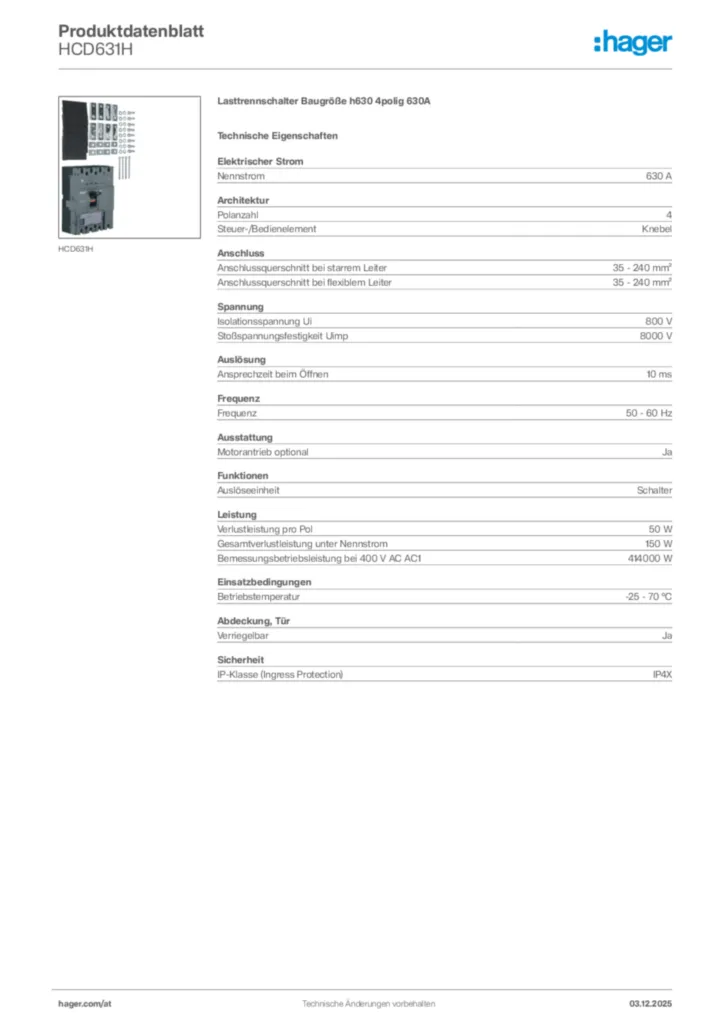 Bild Hager Produktdatenblatt HCD631H | Hager Deutschland