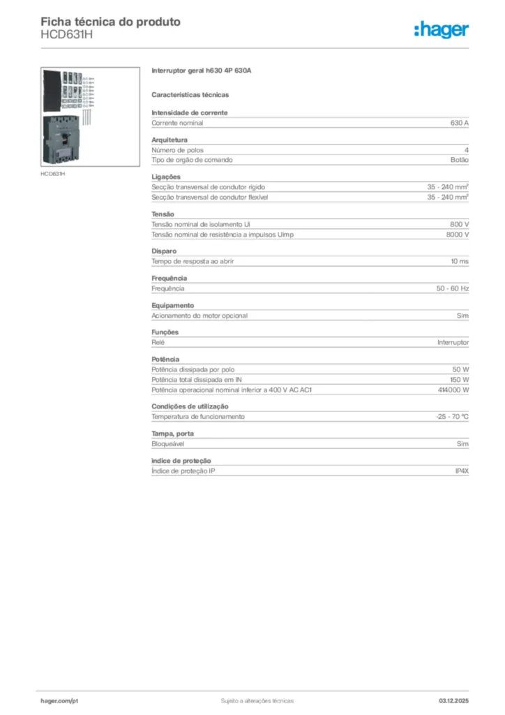 Imagem Hager Ficha técnica do produto HCD631H | Hager Portugal
