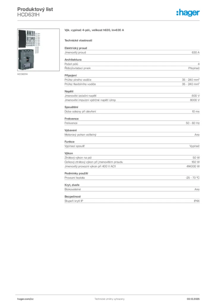 Obrázek Hager Product data sheet HCD631H | Hager