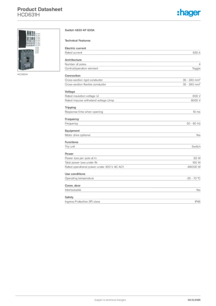 Image Hager Product data sheet HCD631H  | Hager