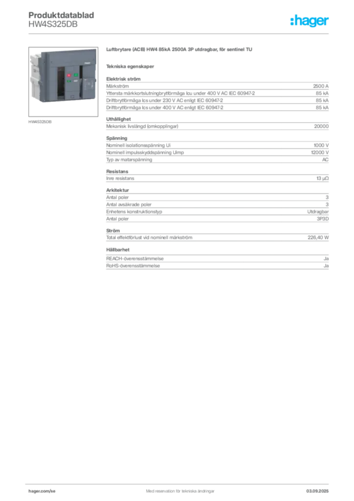 Bild Hager Produktdatablad HW4S325DB | Hager Sverige