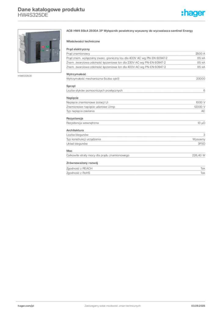 Zdjęcie Hager Dane katalogowe produktu HW4S325DE | Hager Polska