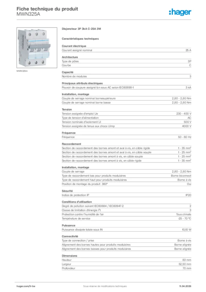 Image Hager Fiche technique du produit MWN325A | Hager Belgique