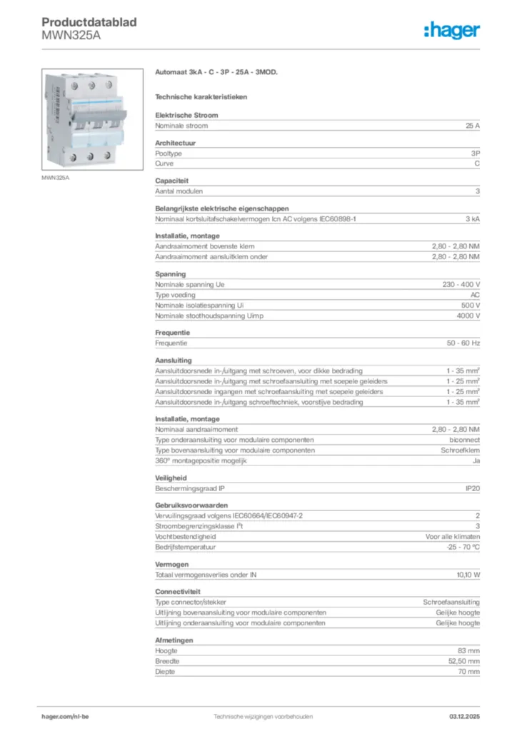 Afbeelding Hager Productdatablad MWN325A | Hager Belgium