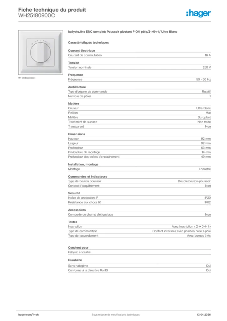 Image Hager Fiche technique du produit WH25180900C | Hager Suisse