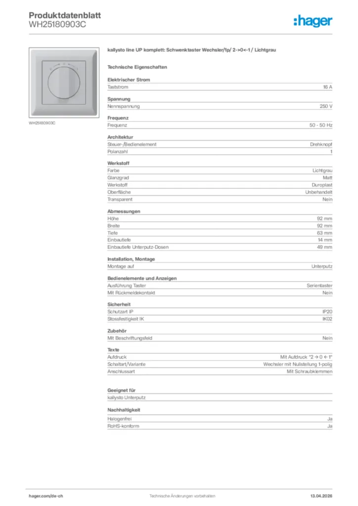 Bild Hager Produktdatenblatt WH25180903C | Hager Schweiz