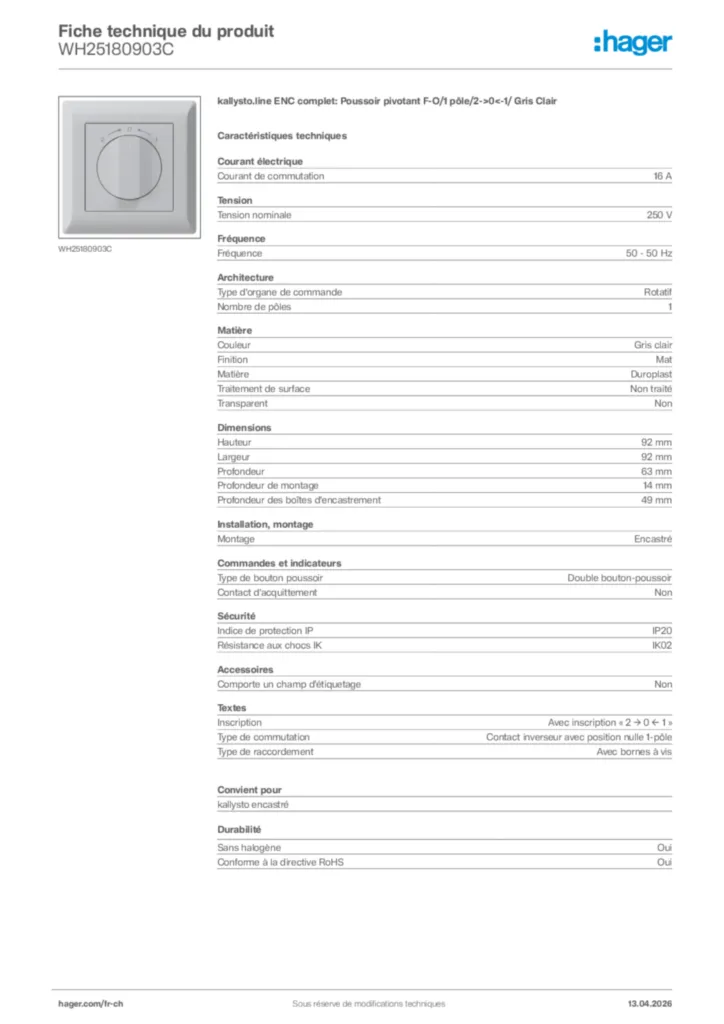 Image Hager Fiche technique du produit WH25180903C | Hager Suisse