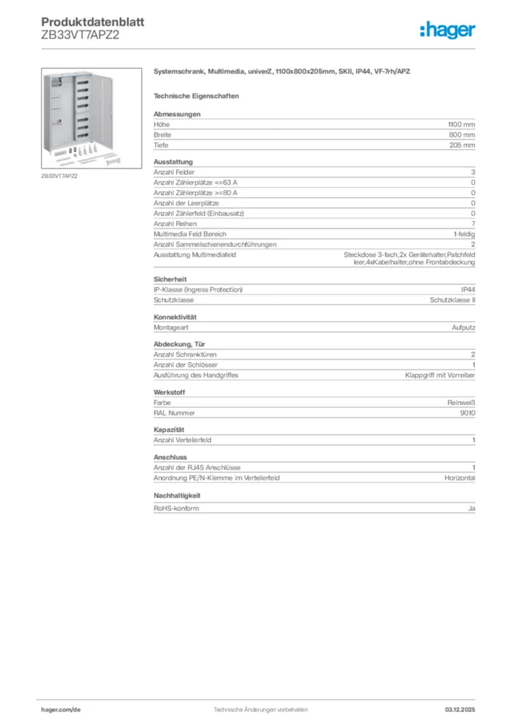 Hager Produktdatenblatt ZB33VT7APZ2