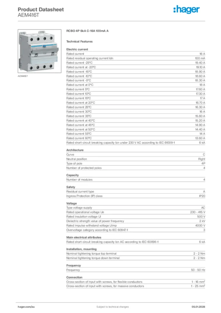 Image Hager Product data sheet AEM416T  | Hager Australia