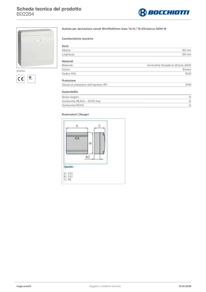 Immagine Bocchiotti Scheda tecnica del prodotto B02284 | Hager Italia