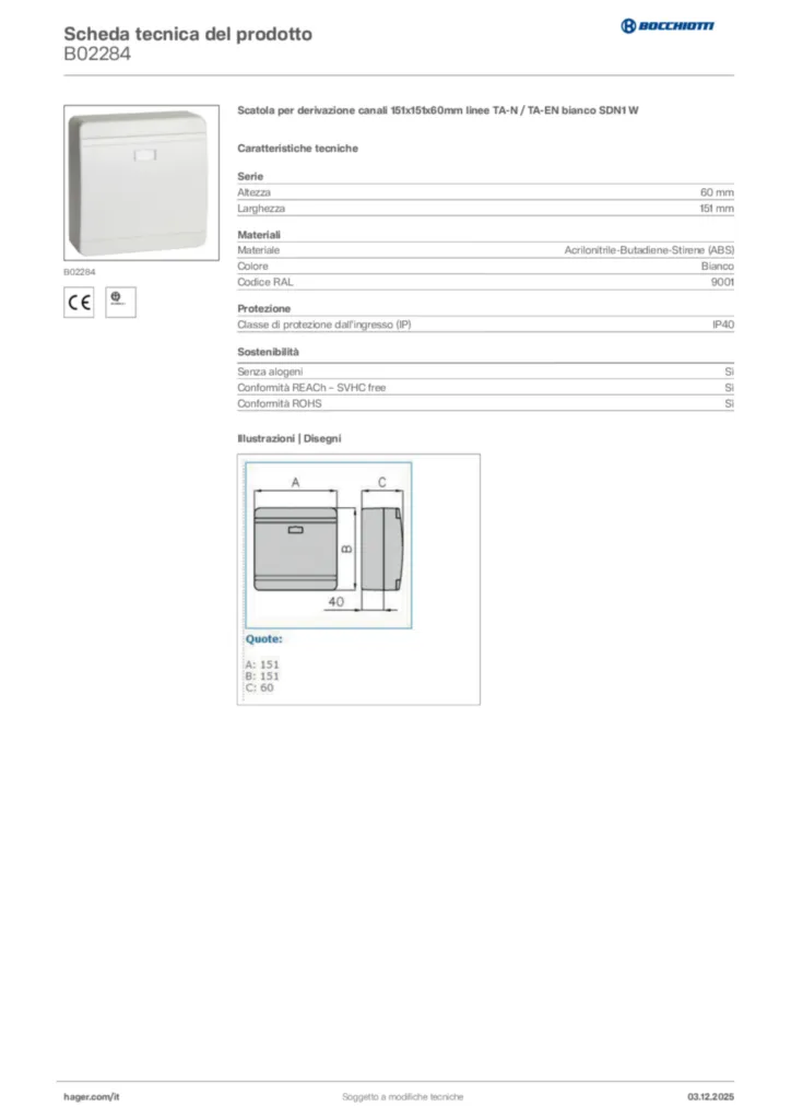 Immagine Bocchiotti Scheda tecnica del prodotto B02284 | Hager Italia
