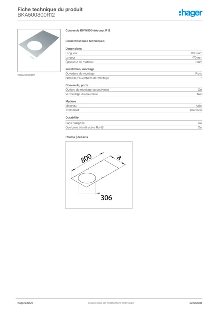 Image Hager Fiche technique du produit BKA500800R12 | Hager France