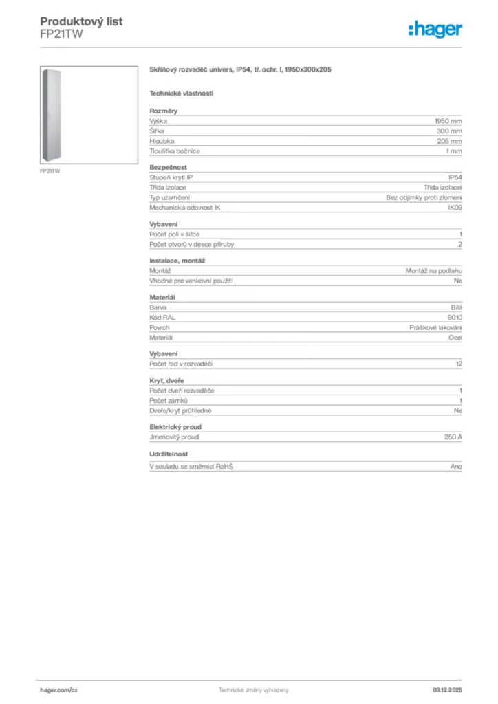 Obrázek Hager Product data sheet FP21TW | Hager