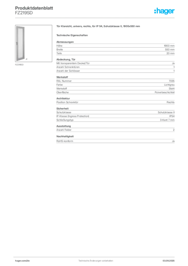 Bild Hager Produktdatenblatt FZ219SD | Hager Deutschland