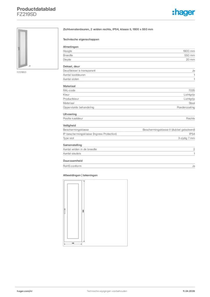 Afbeelding Hager Productdatablad FZ219SD | Hager Nederland