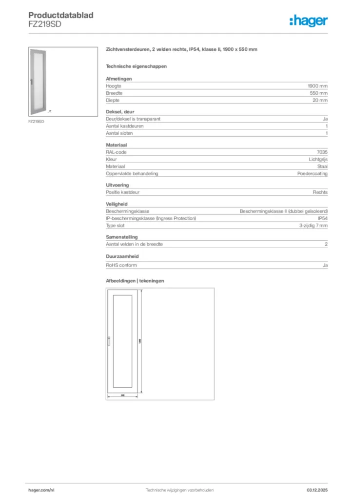 Afbeelding Hager Productdatablad FZ219SD | Hager Nederland