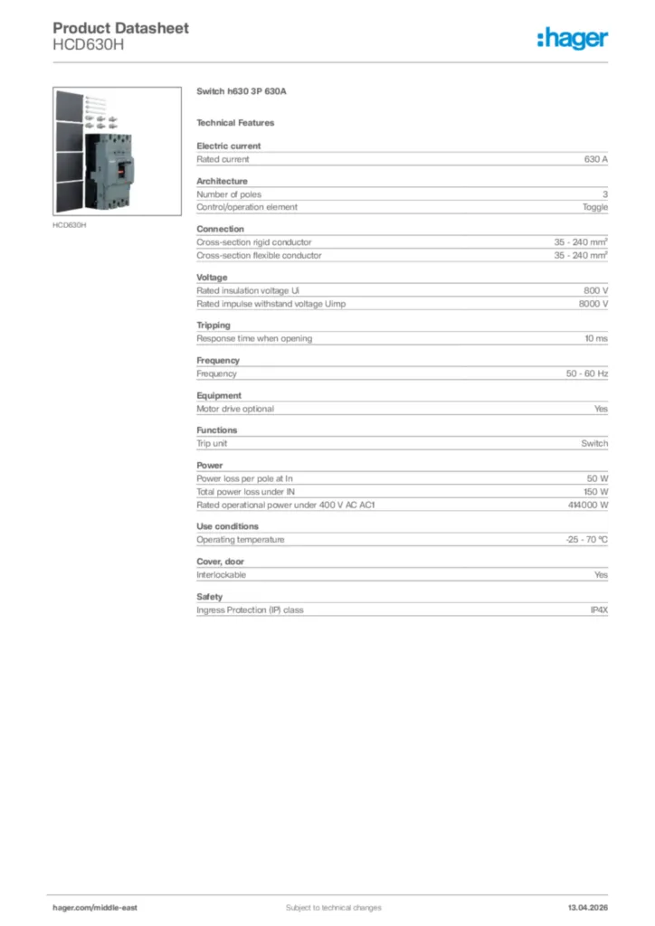 Image Hager Product data sheet HCD630H  | Hager