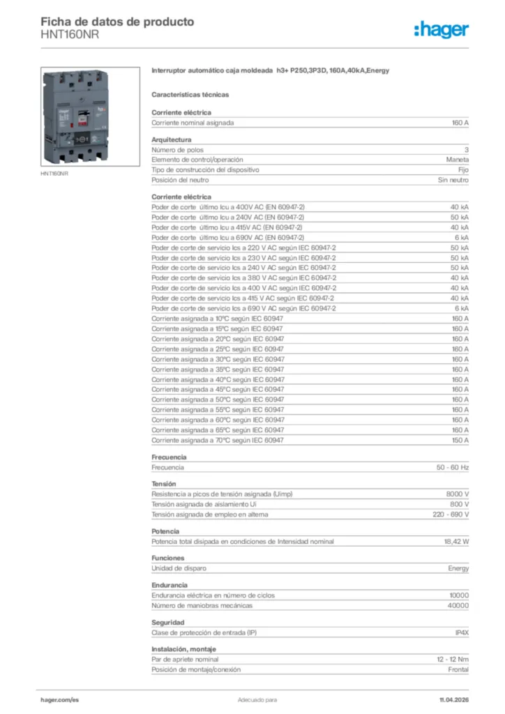 Imagen Hager Ficha de datos de producto HNT160NR | Hager España