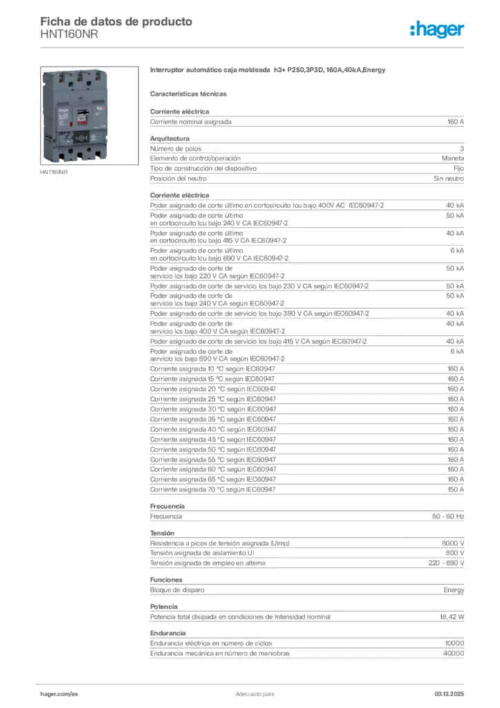 Imagen Hager Ficha de datos de producto HNT160NR | Hager España