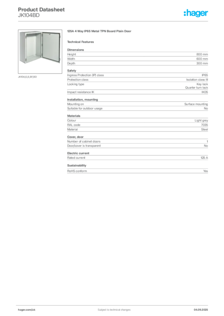 Image Hager Product data sheet JK104BD  | Hager