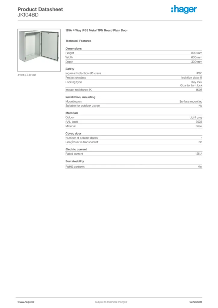 Image Hager Product data sheet JK104BD  | Hager