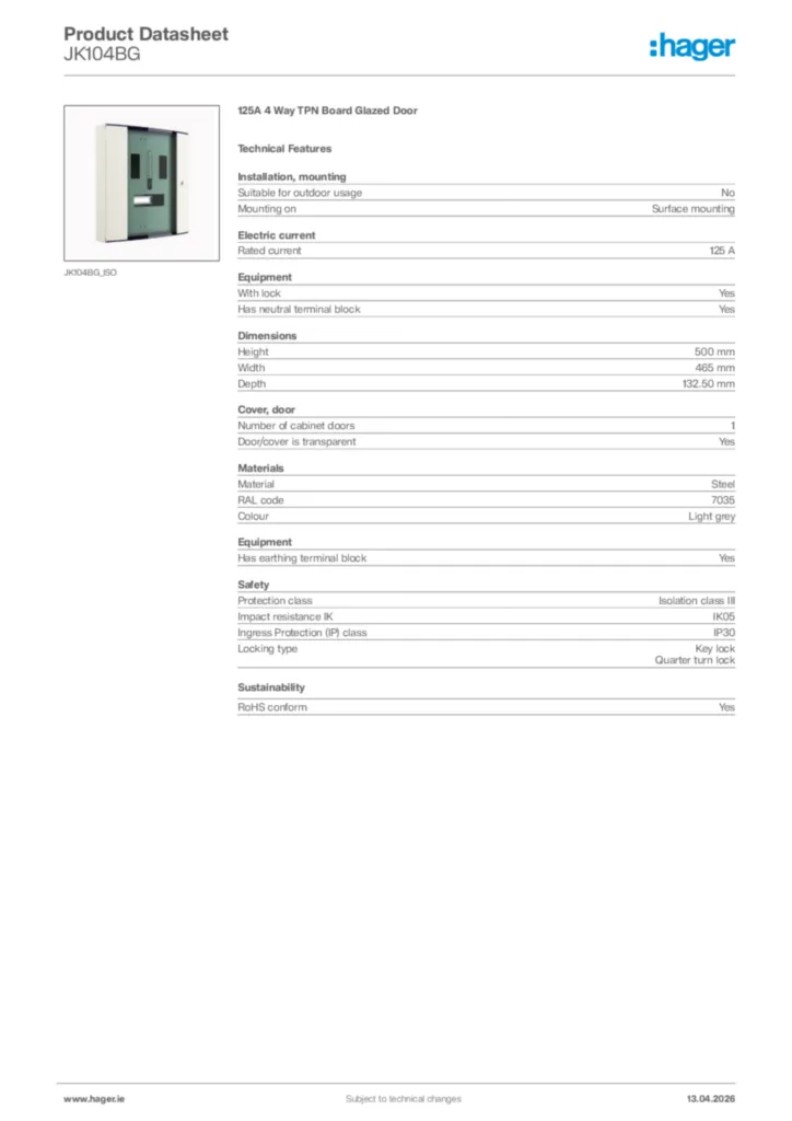 Image Hager Product data sheet JK104BG  | Hager