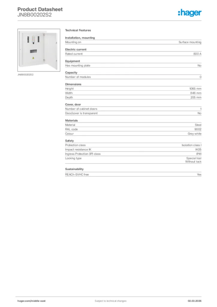 Image Hager Product data sheet JN8B00202S2  | Hager