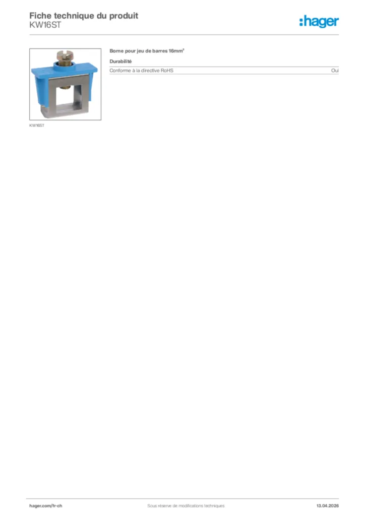 Image Hager Fiche technique du produit KW16ST | Hager Suisse