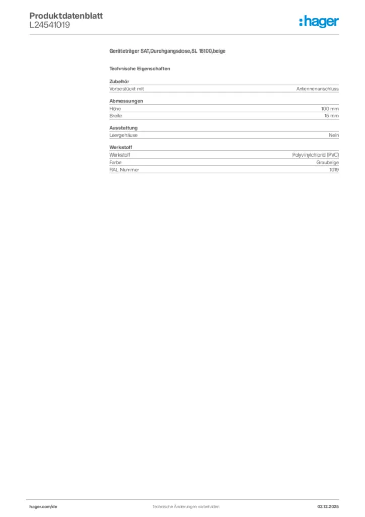 Bild Hager Produktdatenblatt L24541019 | Hager Deutschland