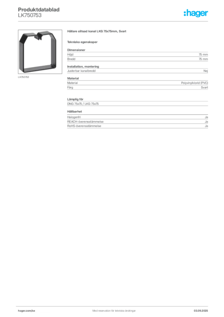Bild Hager Produktdatablad LK750753 | Hager Sverige