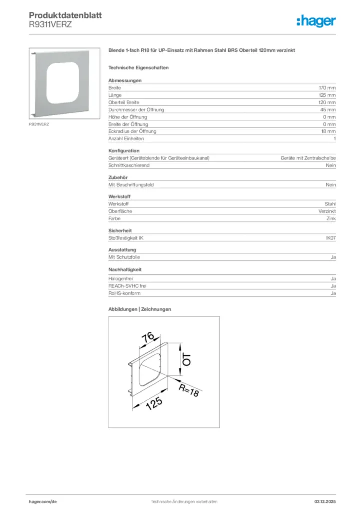 Hager Produktdatenblatt R9311VERZ