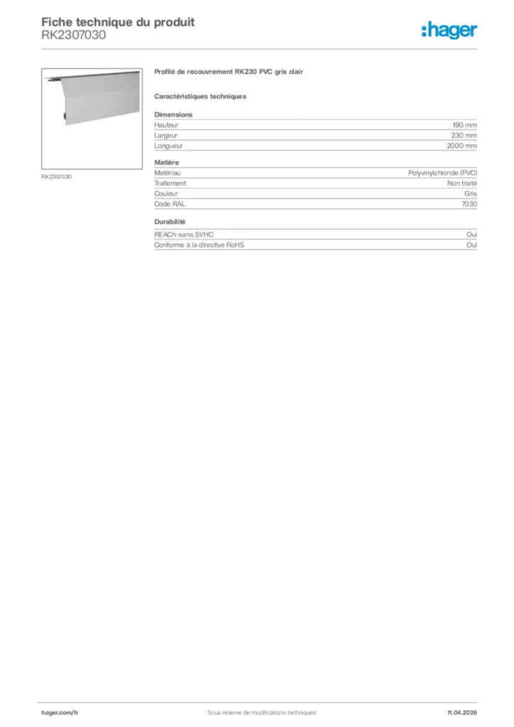 Image Hager Fiche technique du produit RK2307030 | Hager France