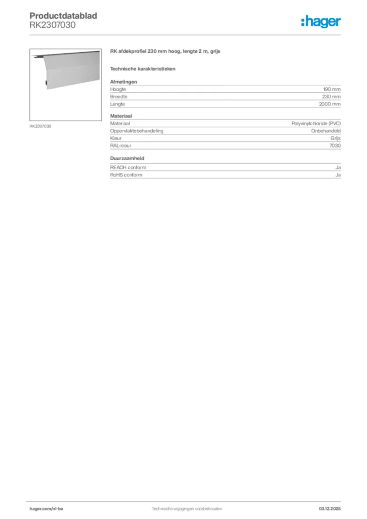 Afbeelding Hager Productdatablad RK2307030 | Hager Belgium